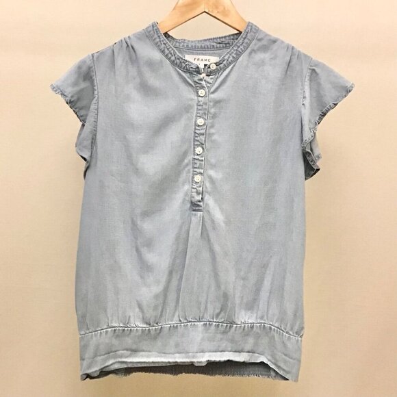 FRAME Large Flutter Sleeve Smocked Chambray Women’s Linen Blend Top Blouse - Picture 2 of 10
